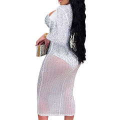 White Mesh Rhinestone Beading Padded Long Sleeve Dress TQK311127-1