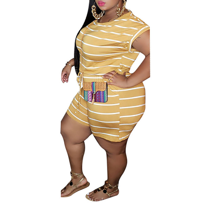 Yellow Stripes Digital Print Plus Size Romper TQK550239-7