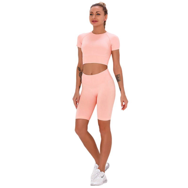 Pink Seamless Short Sleeve Yoga Sports Set TQE00138-10
