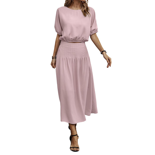 Pink Pleated Crop Top with Skirt Set TQX711094-10
