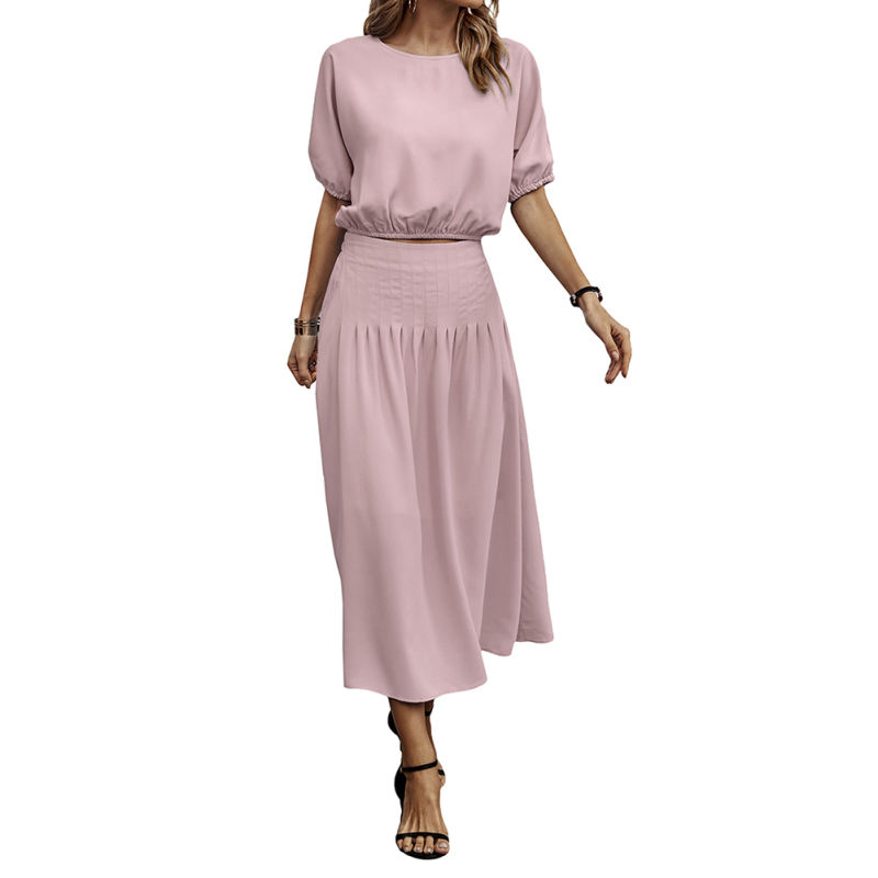 Pink Pleated Crop Top with Skirt Set TQX711094-10