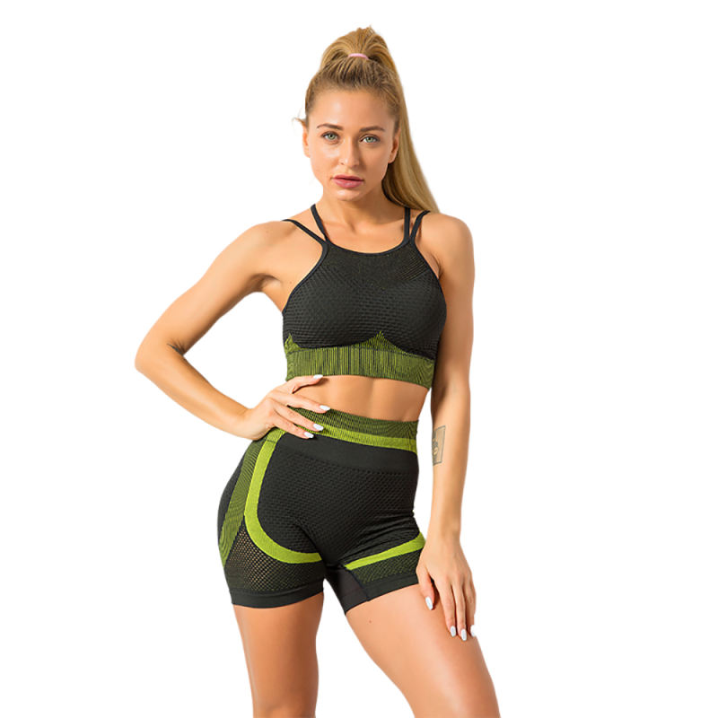 Army Green Splice Black Sports Bra With Shorts Set TQK710234-27