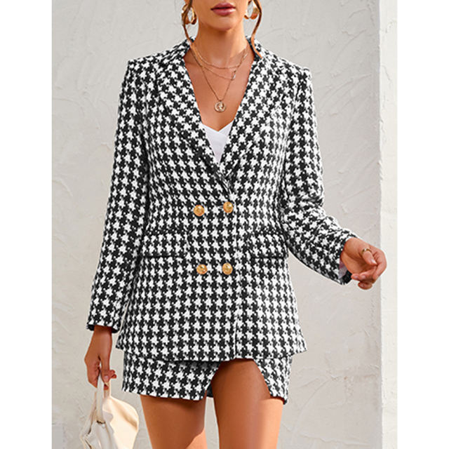 Black Plaid Print Blazer and Button Split Skirt Set TQF711046-2