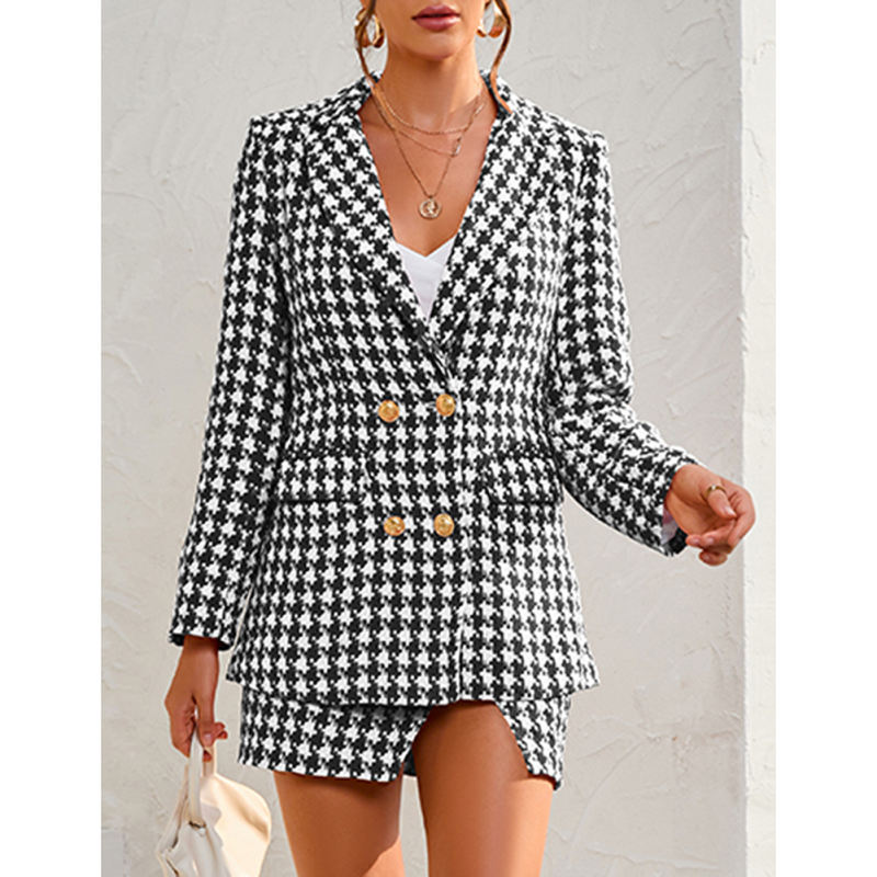 Black Plaid Print Blazer and Button Split Skirt Set TQF711046-2