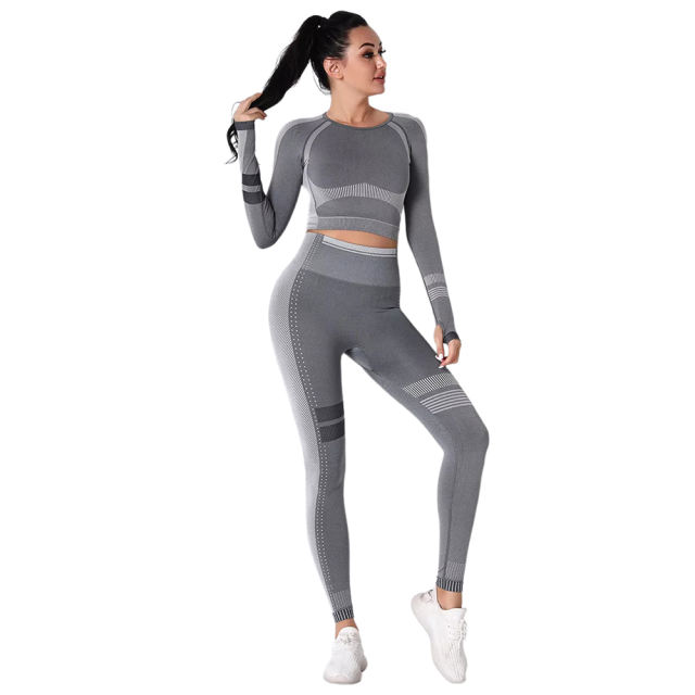 Dark Gray Seamless Knit Long Sleeve Pant Yoga Set TQE91372-26