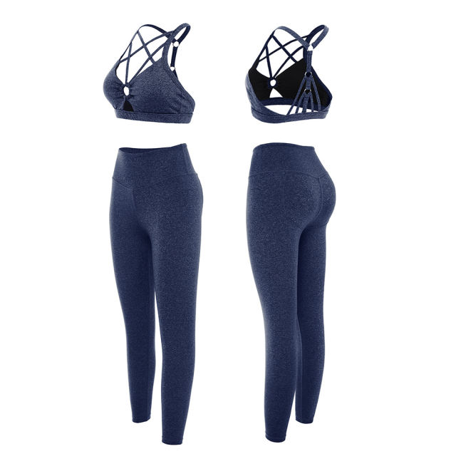Blue Front Criss-cross Bra with Pant Yoga Set TQE91346-5