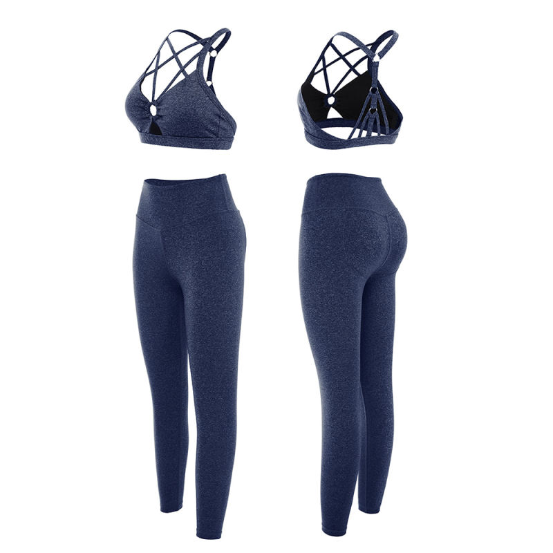 Blue Front Criss-cross Bra with Pant Yoga Set TQE91346-5