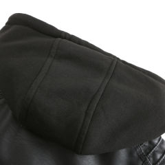 Black Removable Hooded Washed PU Leather Jacket TQK280096-2