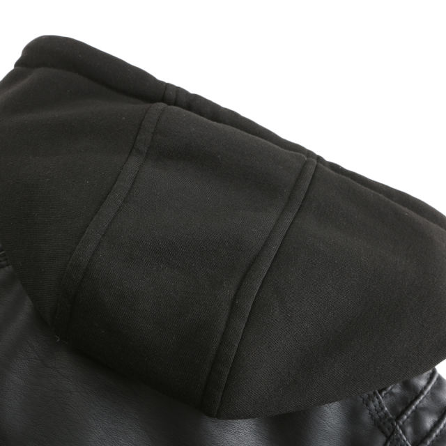 Black Removable Hooded Washed PU Leather Jacket TQK280096-2