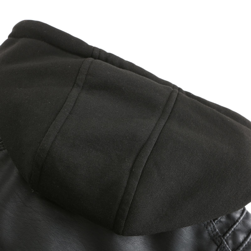 Black Removable Hooded Washed PU Leather Jacket TQK280096-2