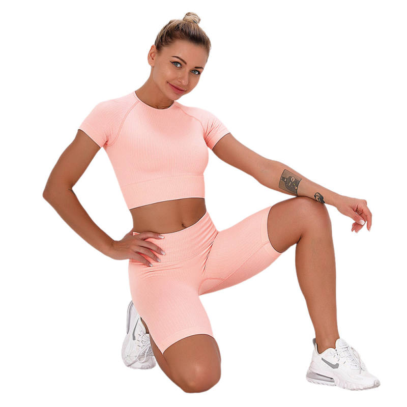 Pink Seamless Short Sleeve Yoga Sports Set TQE00138-10
