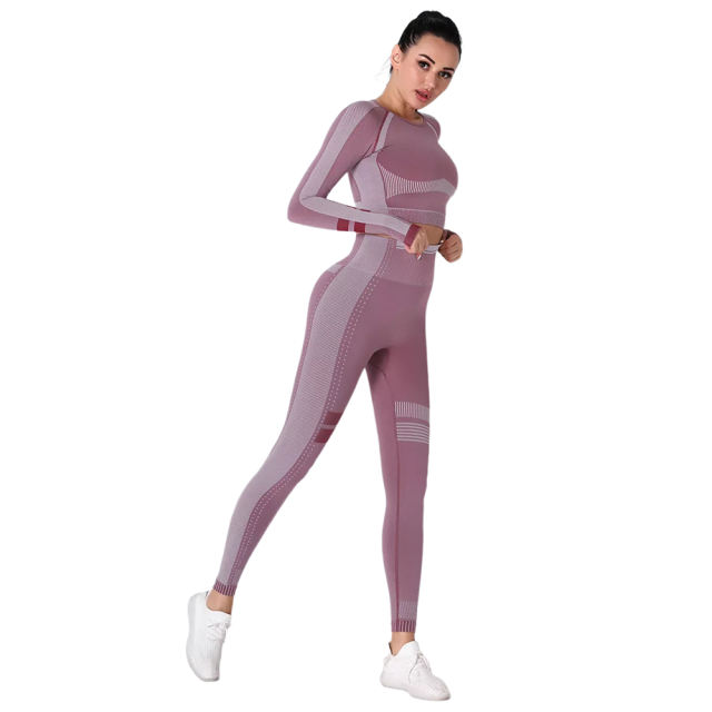 Wine Red Seamless Knit Long Sleeve Pant Yoga Set TQE91372-103