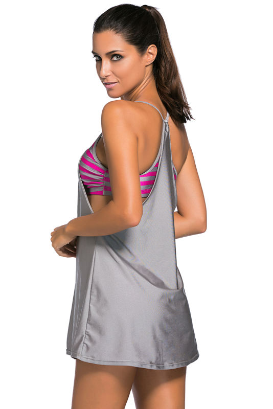 Grey Flowing Swim Dress Layered 1pc Tankini Top