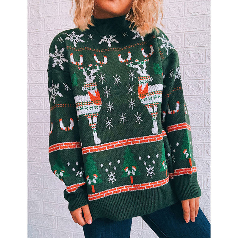 Green Christma Tree Deer Snowflake Print Knit Pullover TQK271415-9