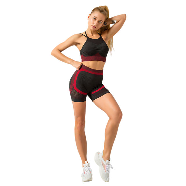 Red Splice Black Sports Bra With Shorts Set TQK710234-3