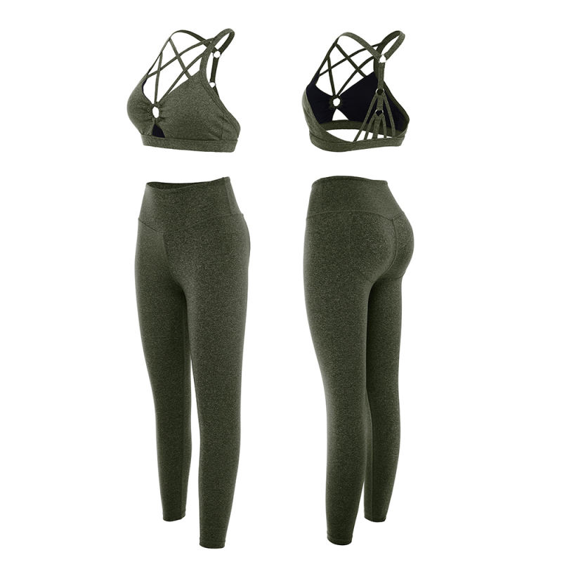 Army Green Front Criss-cross Bra with Pant Yoga Set TQE91346-27
