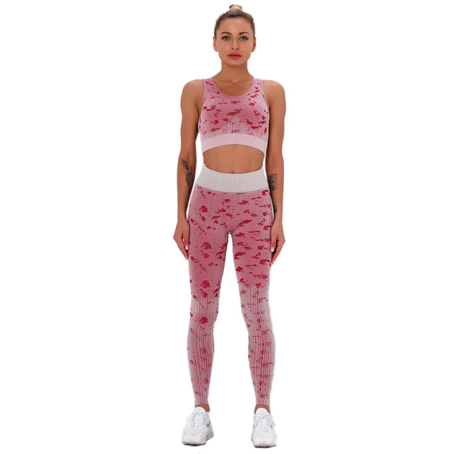 Wine Red Camo Print Sports Bra with High Waist Pant Set TQE00132-103
