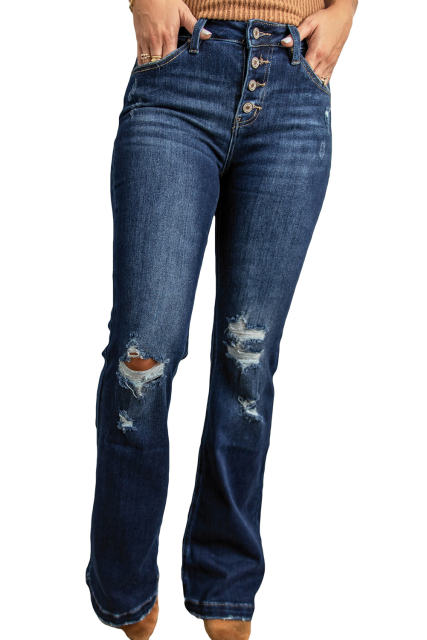 Dark Washed Distressed Flare Bottom Jeans LC783659-5