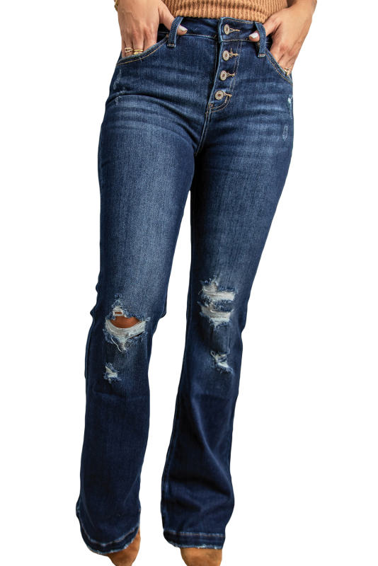 Dark Washed Distressed Flare Bottom Jeans LC783659-5
