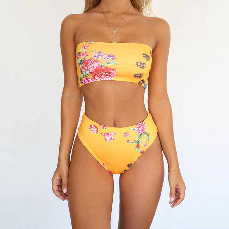 Yellow Flower Print Off Shoulder Bikini Swimswear