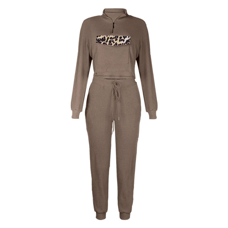 Coffee Zipper Up Leopard Detail Sweatshirt with Pant Set TQK710222-15