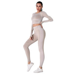Khaki Seamless Knit Long Sleeve Pant Yoga Set TQE91372-21