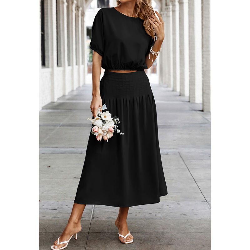 Black Pleated Crop Top with Skirt Set TQX711094-2