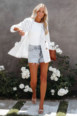 White Double Breasted Pocketed Striped Blazer LC852386-1
