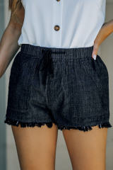 Black Casual Pocketed Frayed Denim Shorts LC77959-2