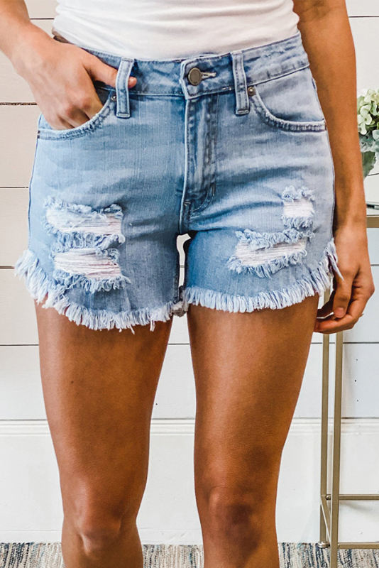 Light Blue Frayed Hem Denim Shorts LC781042-5