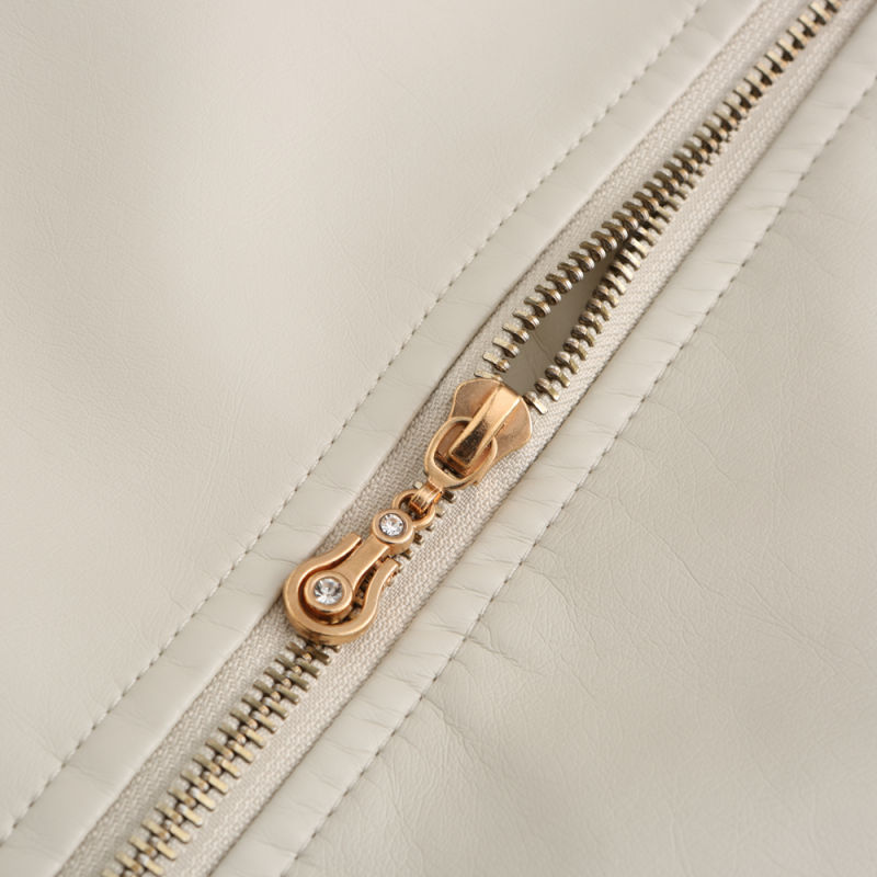 Beige Turn Down Slim Fit PU Leather Jacket TQK280095-46