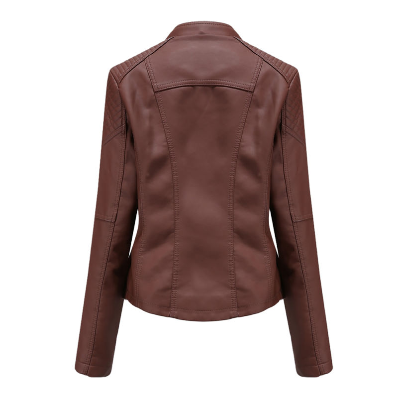 Coffee Zipper Slim Fit Motorcycle PU Leather Jacket TQK280090-15