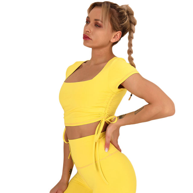 Yellow Sides Drawstring Short Sleeve Yoga Pant Set TQK710243-7