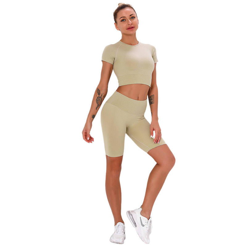 Light Yellow Seamless Short Sleeve Yoga Sports Set TQE00138-42