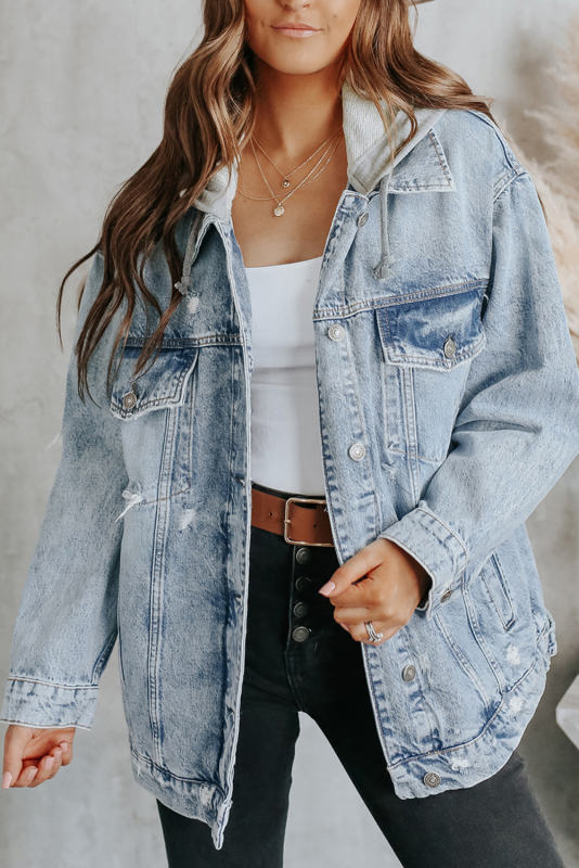 Sky Blue Button Closure Ripped Hooded Denim Jacket LC788143-4