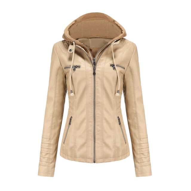 Apricot Removable Hooded Washed PU Leather Jacket TQK280096-18