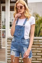 Raw Hem Ribbed Light Blue Denim Overall Shorts