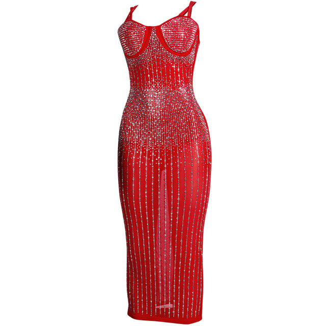 Red Mesh Rhinestone Plus Size Sling Dress TQK310775-3