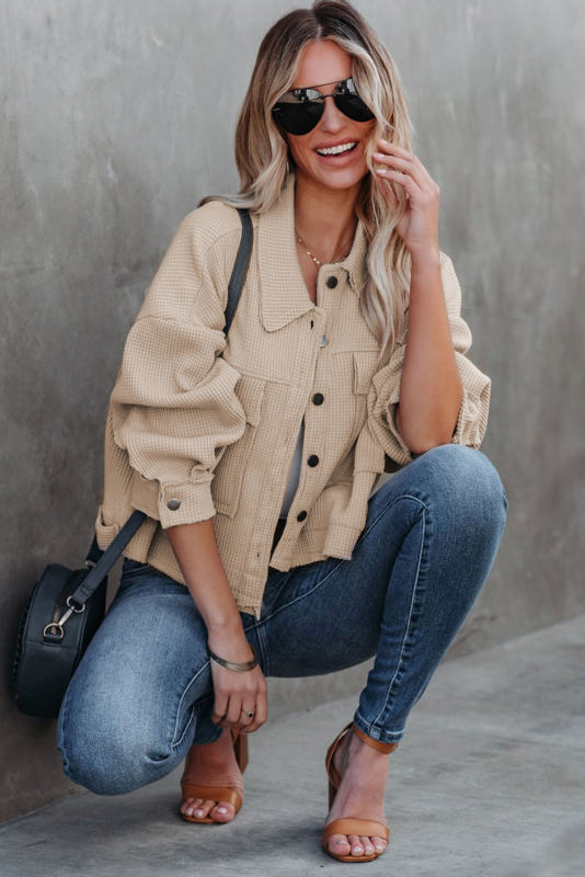 Khaki Waffle Knit Thermal Shacket LC8512529-16