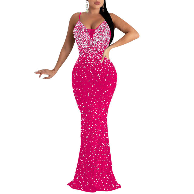 Rosy Rhinestone Open Back Mermaid Maxi Dress TQK311126-6