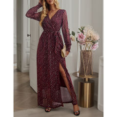 Burgundy Sequin V Neck High Split Maxi Dress TQK311352-23