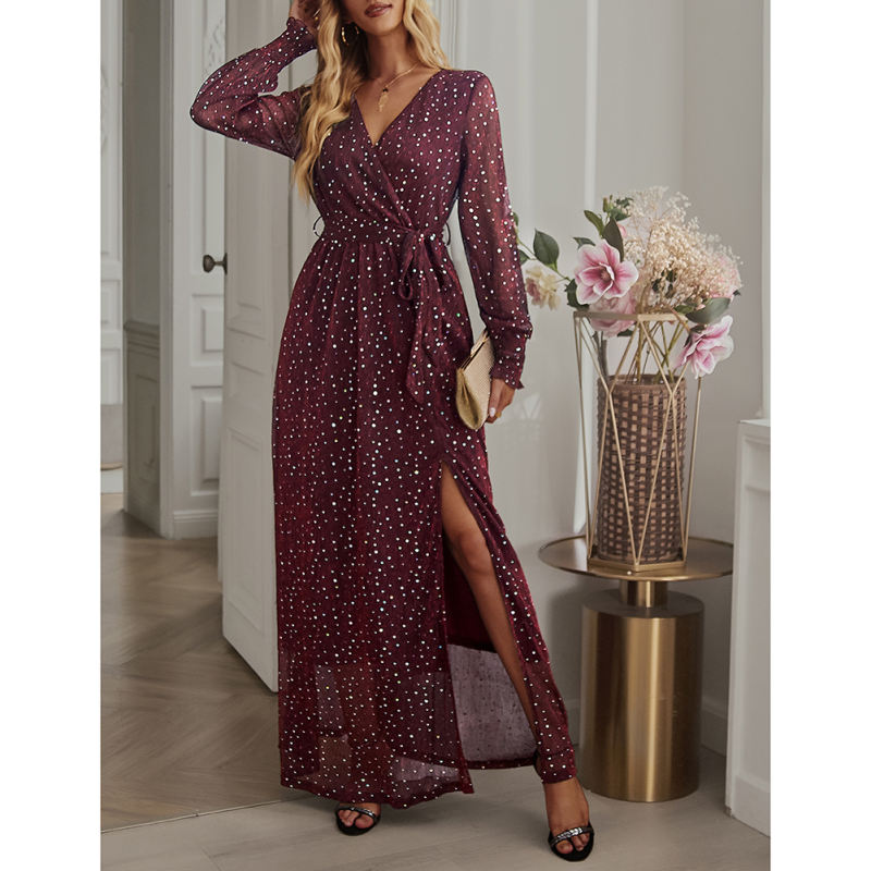 Burgundy Sequin V Neck High Split Maxi Dress TQK311352-23