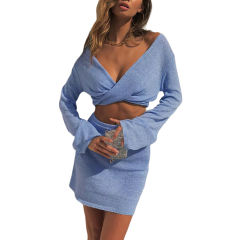 Light Blue Knot Front V Neck Crop Top with Skirt Set TQK710390-30