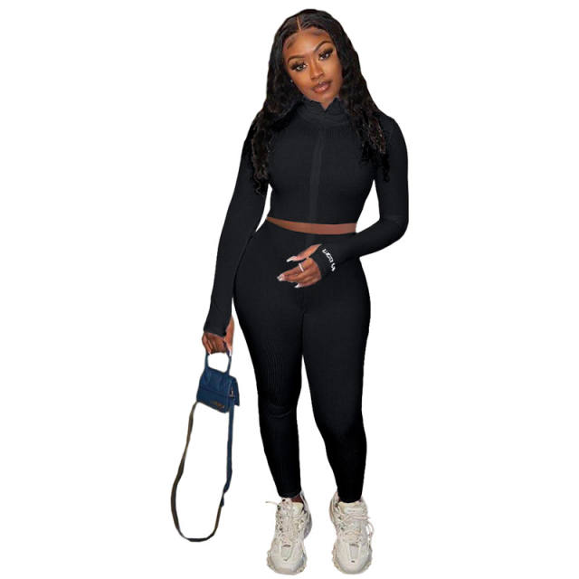 Black Cotton Blend Zipper Datail Long Sleeve Top with Pant Set TQK710132-2