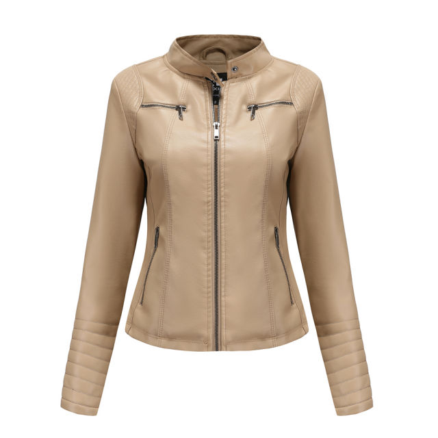 Apricot Zipper Pockets Long Sleeve PU Leather Jacket TQK280093-18