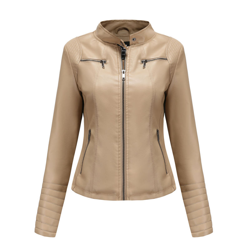 Apricot Zipper Pockets Long Sleeve PU Leather Jacket TQK280093-18