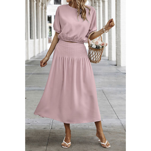 Pink Pleated Crop Top with Skirt Set TQX711094-10