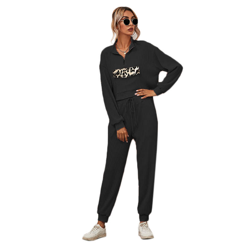 Black Zipper Up Leopard Detail Sweatshirt with Pant Set TQK710222-2