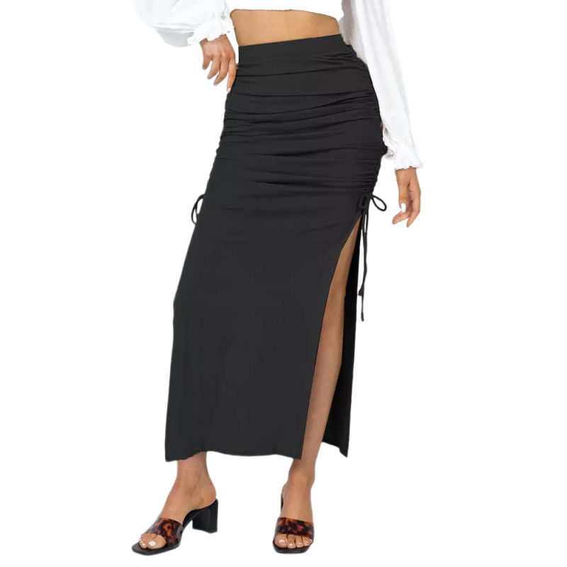 Black Slit Pleated Bodycon Maxi Skirt TQK360035-2