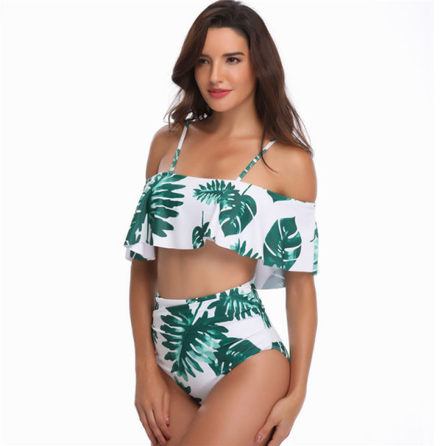 Light Green Palm Tree Leaf Print High Waist Bikini Swimsuit